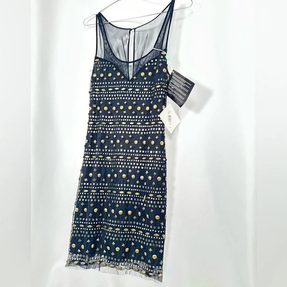 🅽🅴🆆 Badgley Mischka black mesh silver & gold sequin & beads dress, size 10 - Picture 3 of 17
